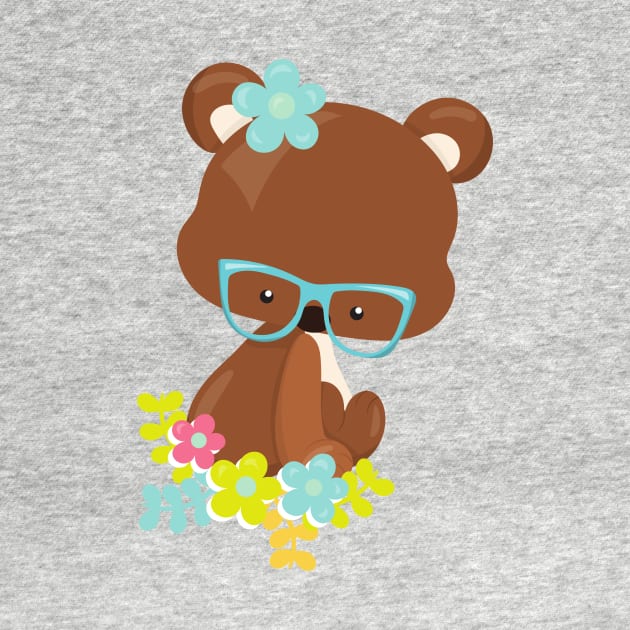 Hipster Bear, Bear With Glasses, Colorful Flowers by Jelena Dunčević